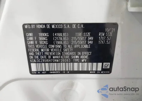 2022 Honda Hr-V Awd Ex-L z USA, uszkodzony, nr VIN 3CZRU6H70NM726083